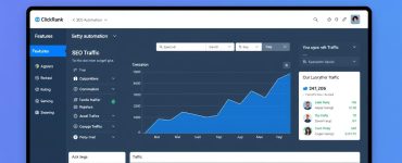 ClickRank dashboard showing SEO automation features and traffic growth graph